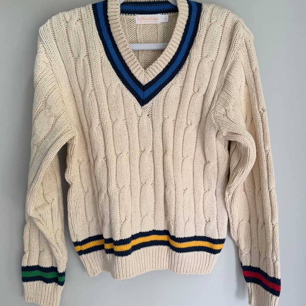 Vintage Brooks Brothers Cable Knit Tennis Cricket Sweater Cream Striped Trim L
